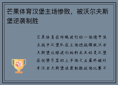 芒果体育汉堡主场惨败，被沃尔夫斯堡逆袭制胜