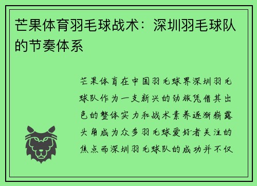 芒果体育羽毛球战术：深圳羽毛球队的节奏体系