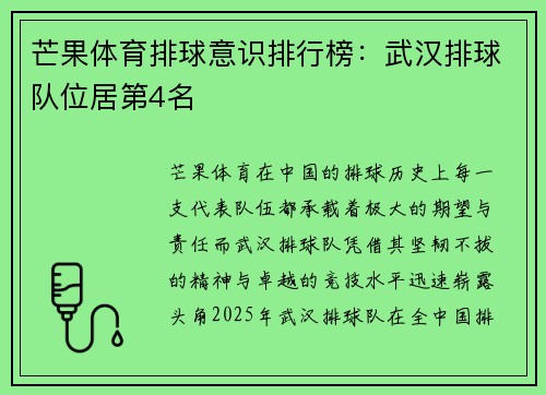 芒果体育排球意识排行榜：武汉排球队位居第4名