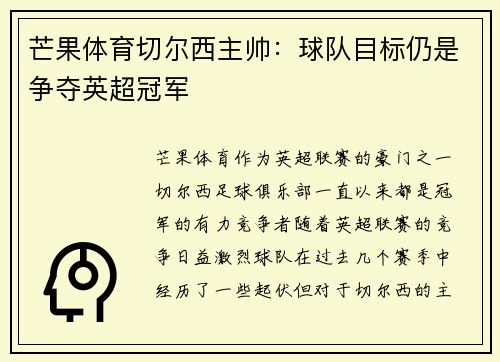 芒果体育切尔西主帅：球队目标仍是争夺英超冠军