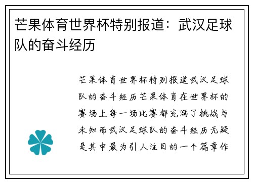 芒果体育世界杯特别报道：武汉足球队的奋斗经历